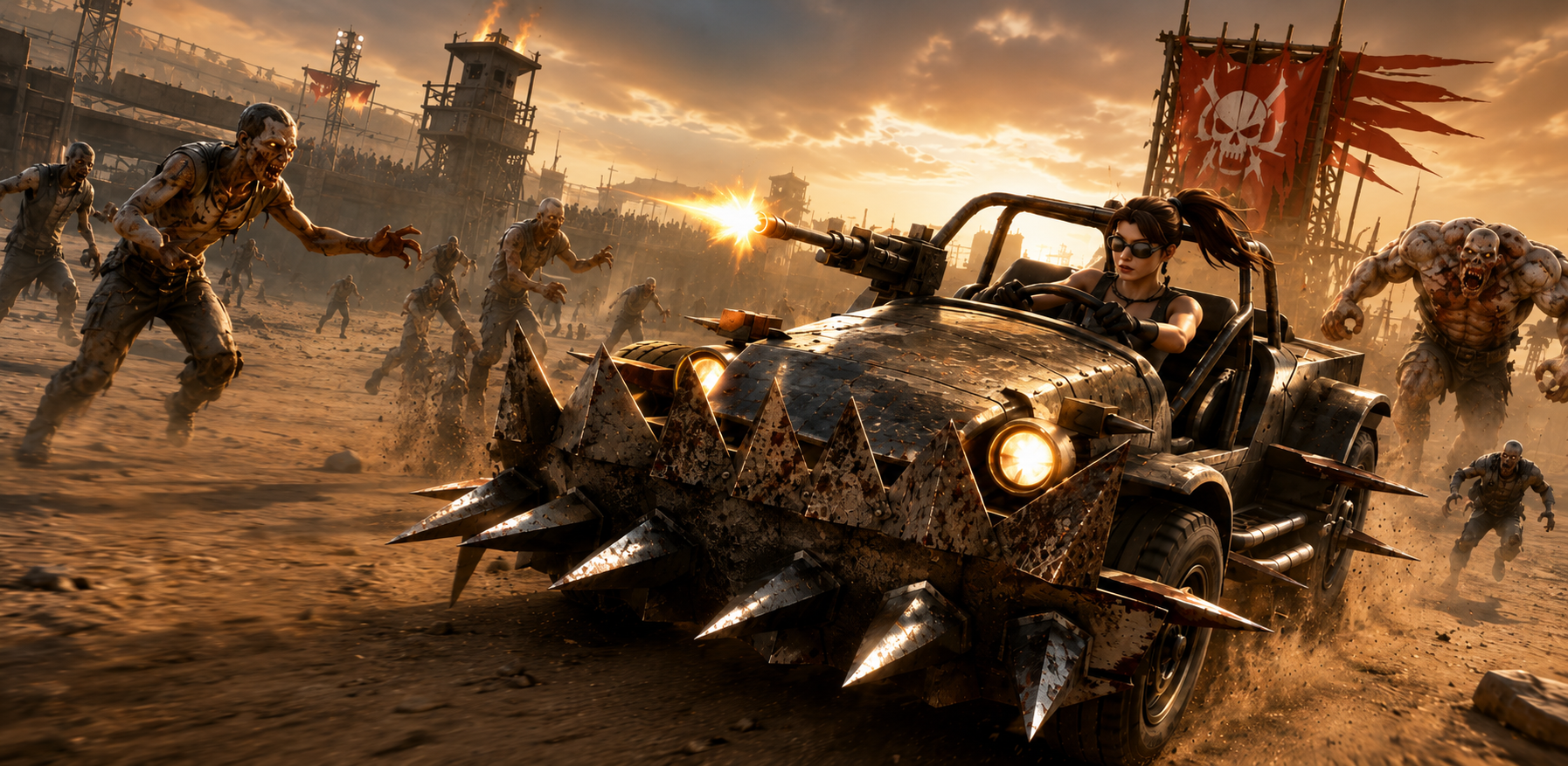 A war-rig covered in scrap-metal spikes tears across the wasteland as a horde of zombies closes in, muzzle flash lighting the dusk sky.